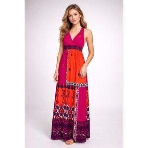 VTG Y2K Cache Women Dress 2 Orange Hot Pink Jersey Knit Babydoll Maxi Resortwear